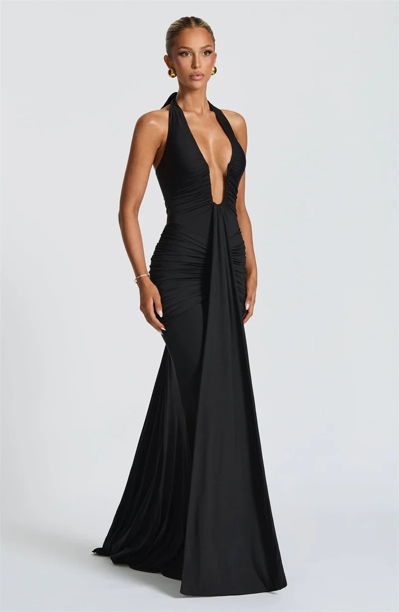 Draped Ruched Halter Maxi Dress — Deep V Backless