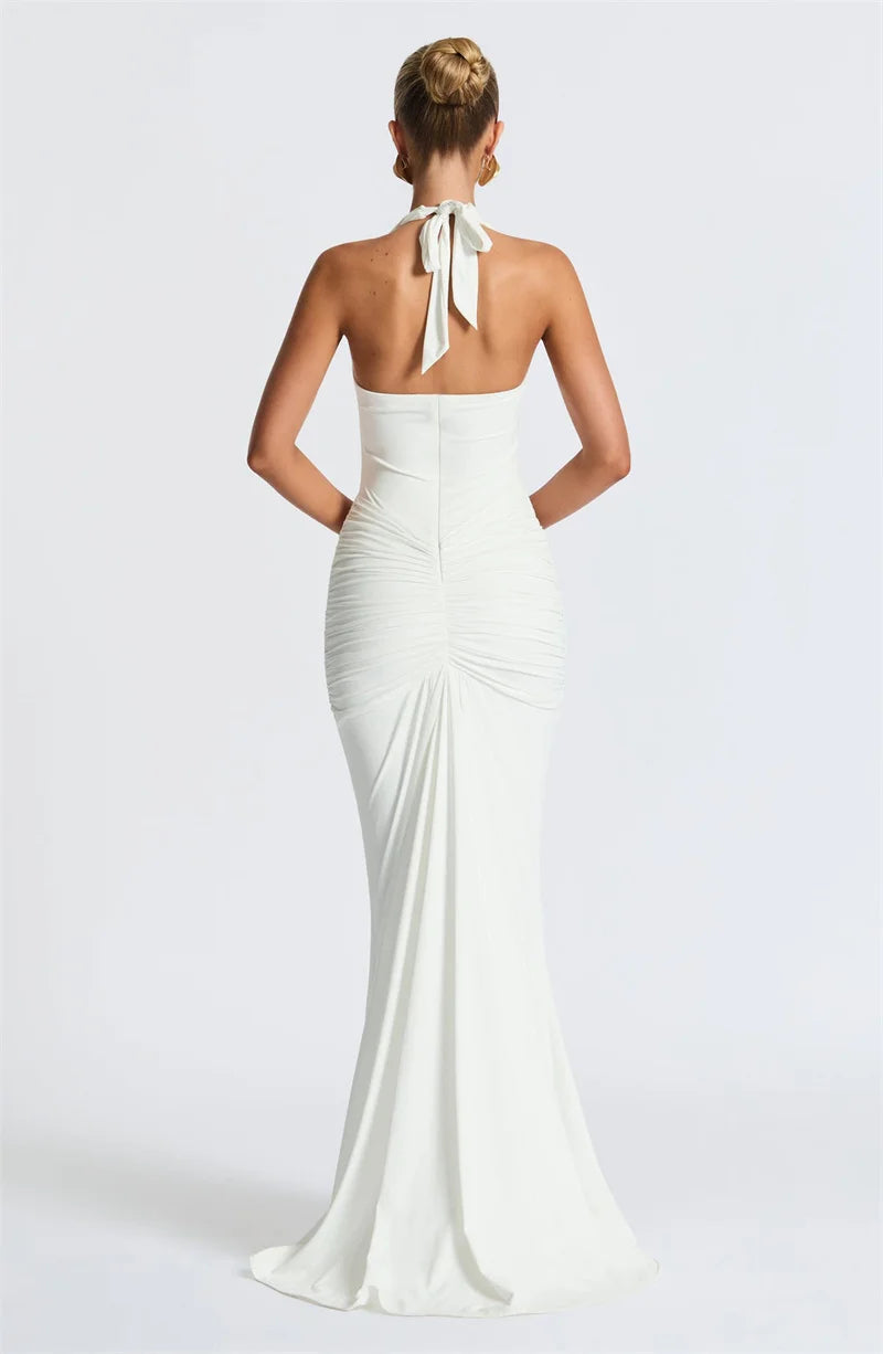 Draped Ruched Halter Maxi Dress — Deep V Backless