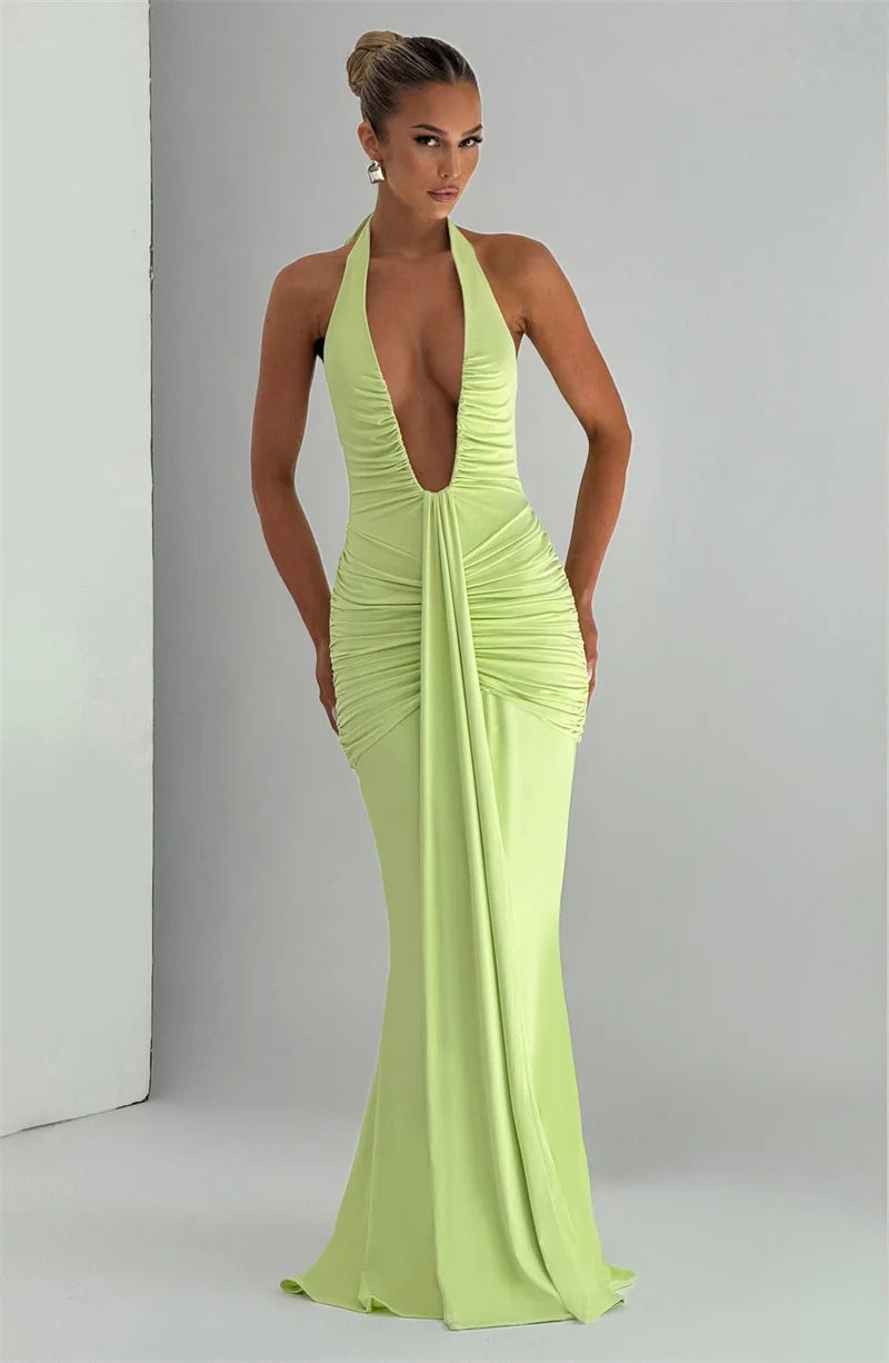 Draped Ruched Halter Maxi Dress — Deep V Backless