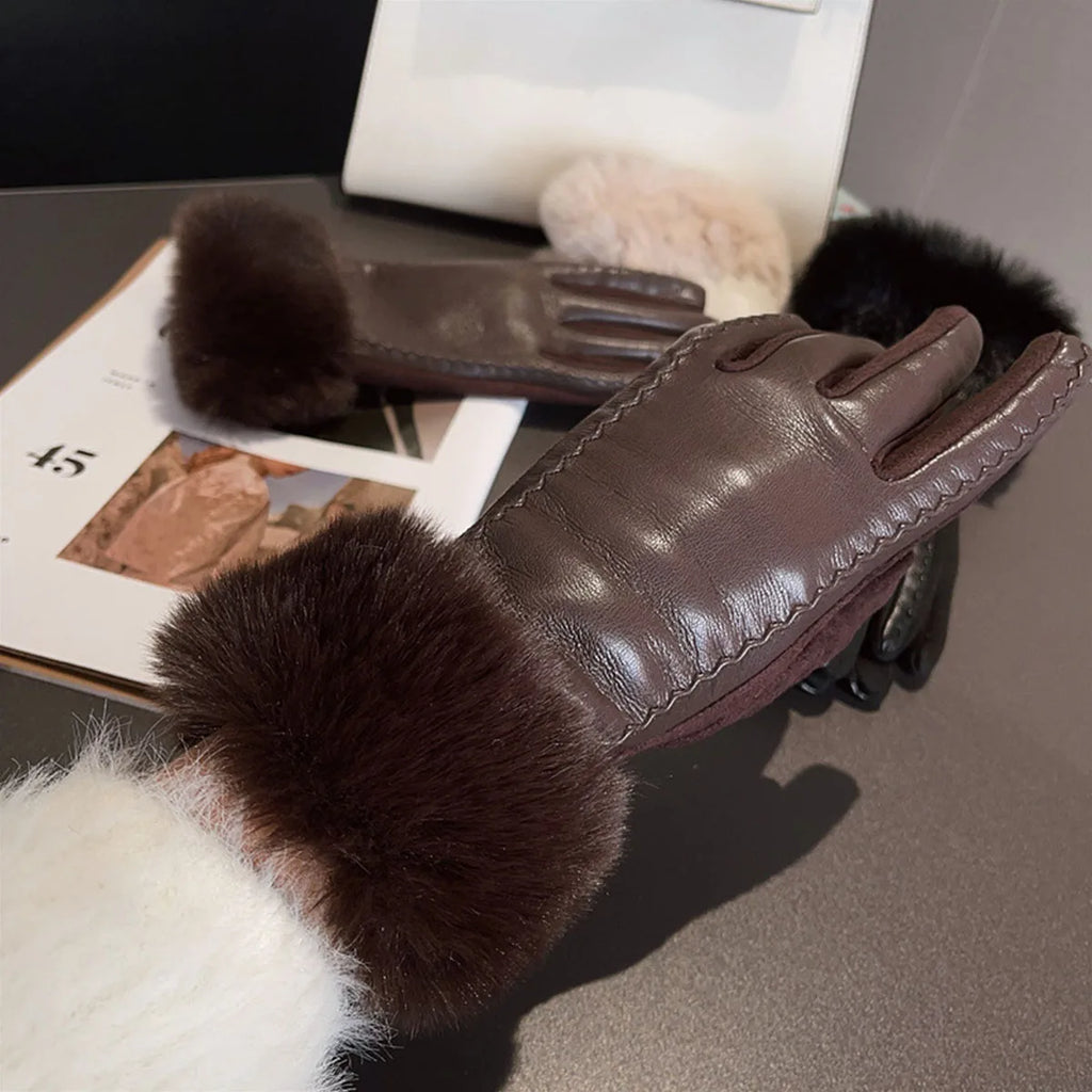 Velour Leather Gloves — Faux Fur Cuff Thermal Lining