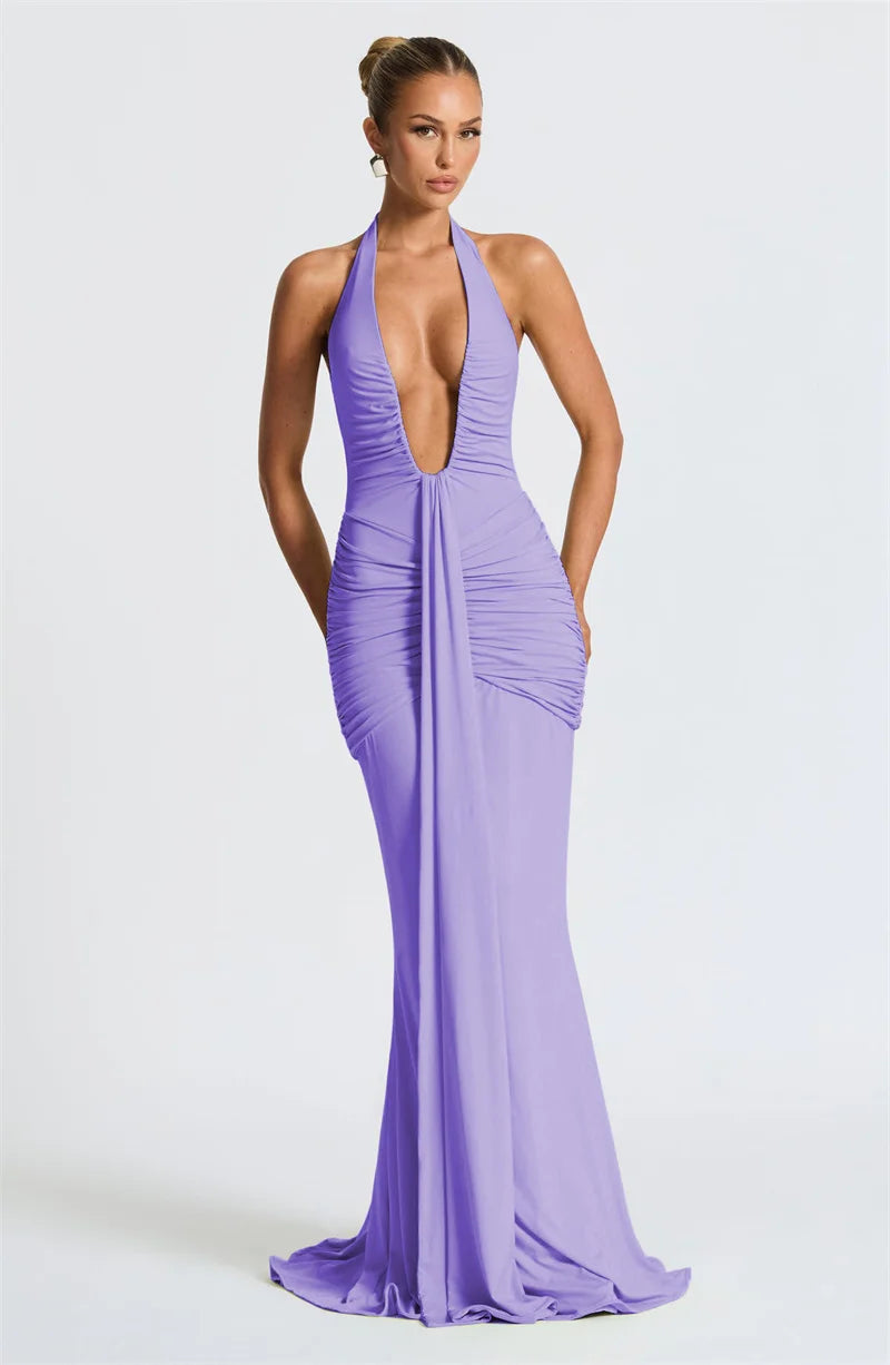 Draped Ruched Halter Maxi Dress — Deep V Backless