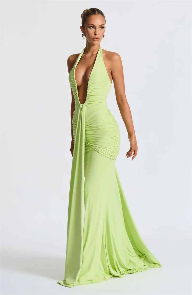 Draped Ruched Halter Maxi Dress — Deep V Backless