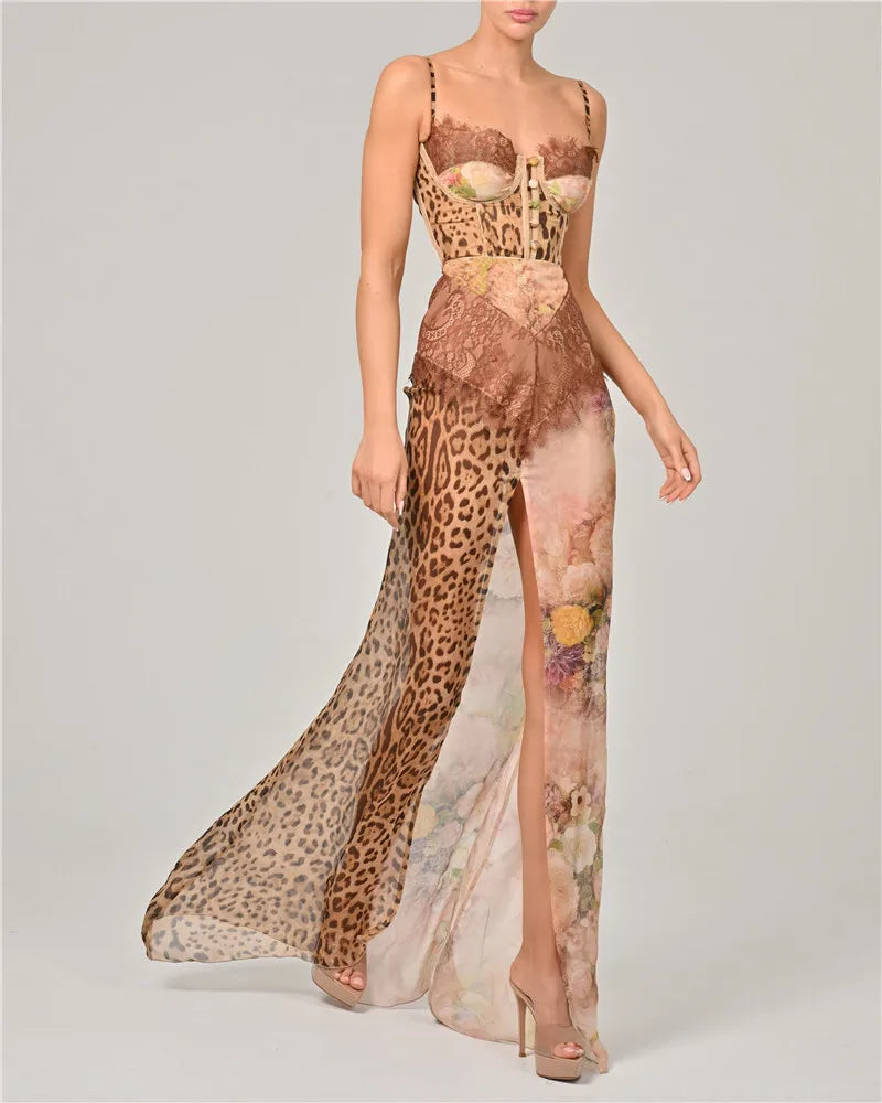 Leopard Lace Backless Maxi Dress
