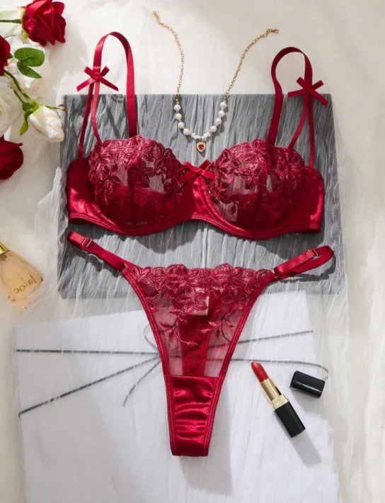 Noir Bloom Bra & Brief Set — Embroidered Lace Lingerie