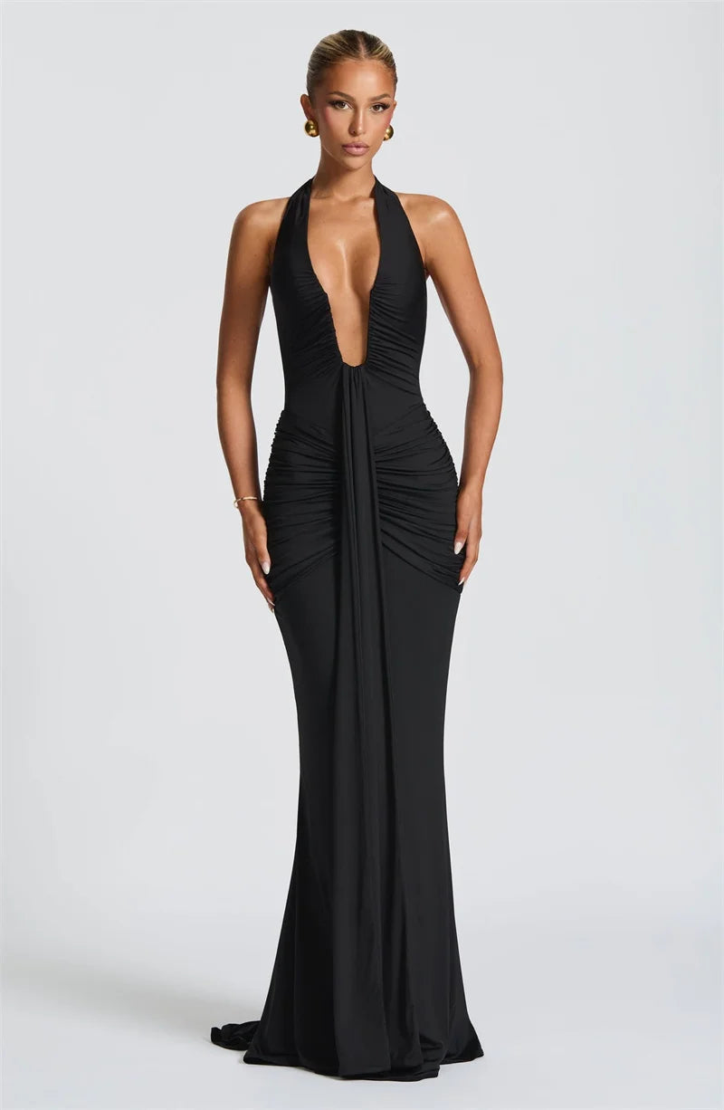 Draped Ruched Halter Maxi Dress — Deep V Backless