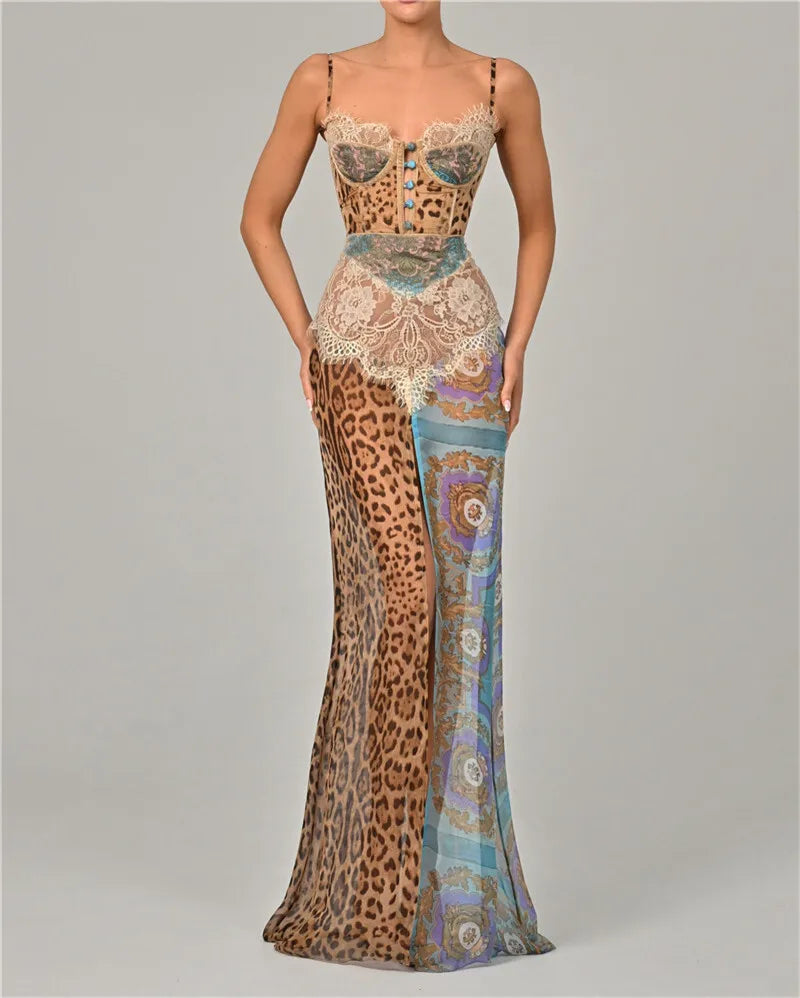 Leopard Lace Backless Maxi Dress