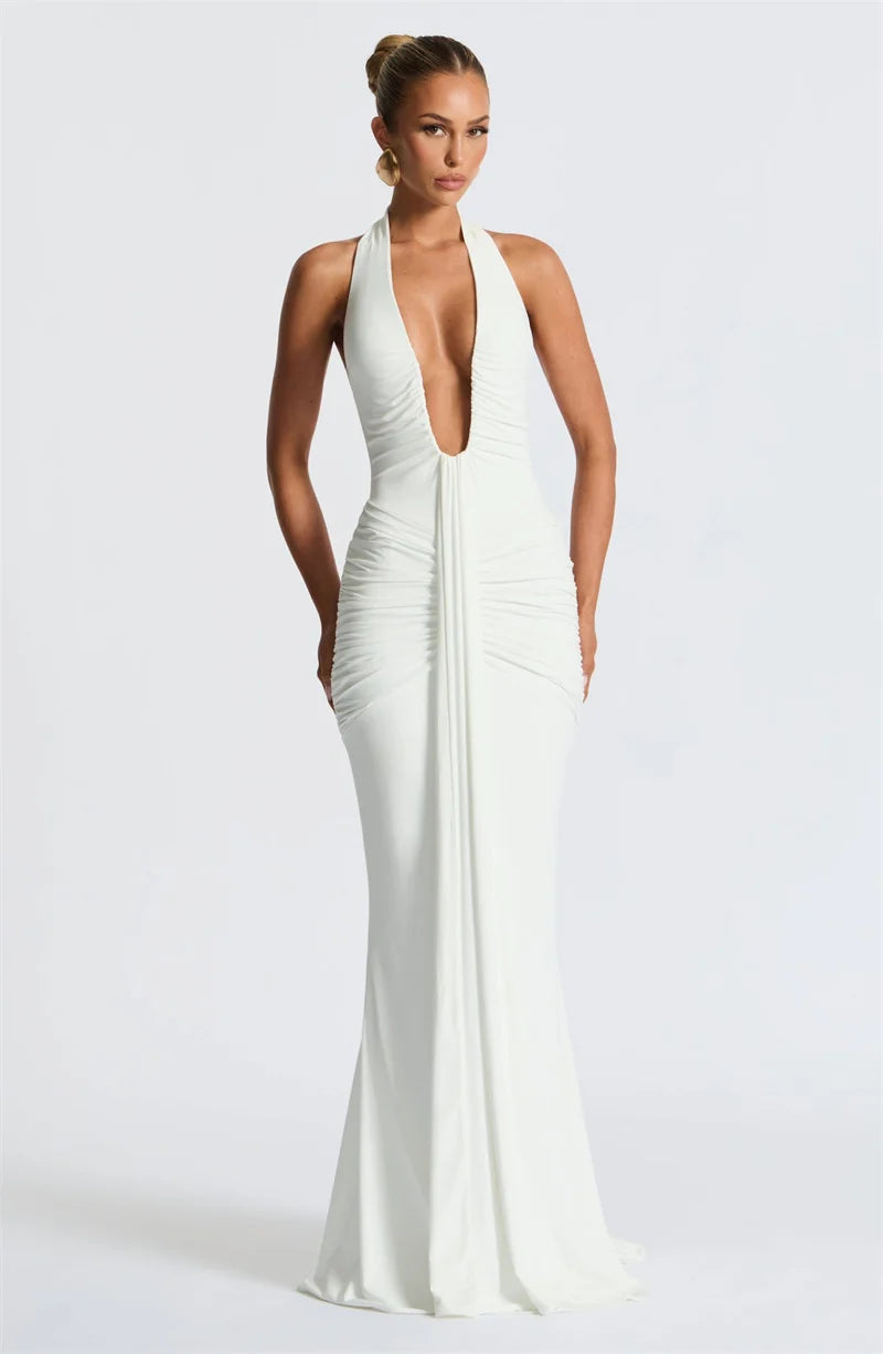 Draped Ruched Halter Maxi Dress — Deep V Backless