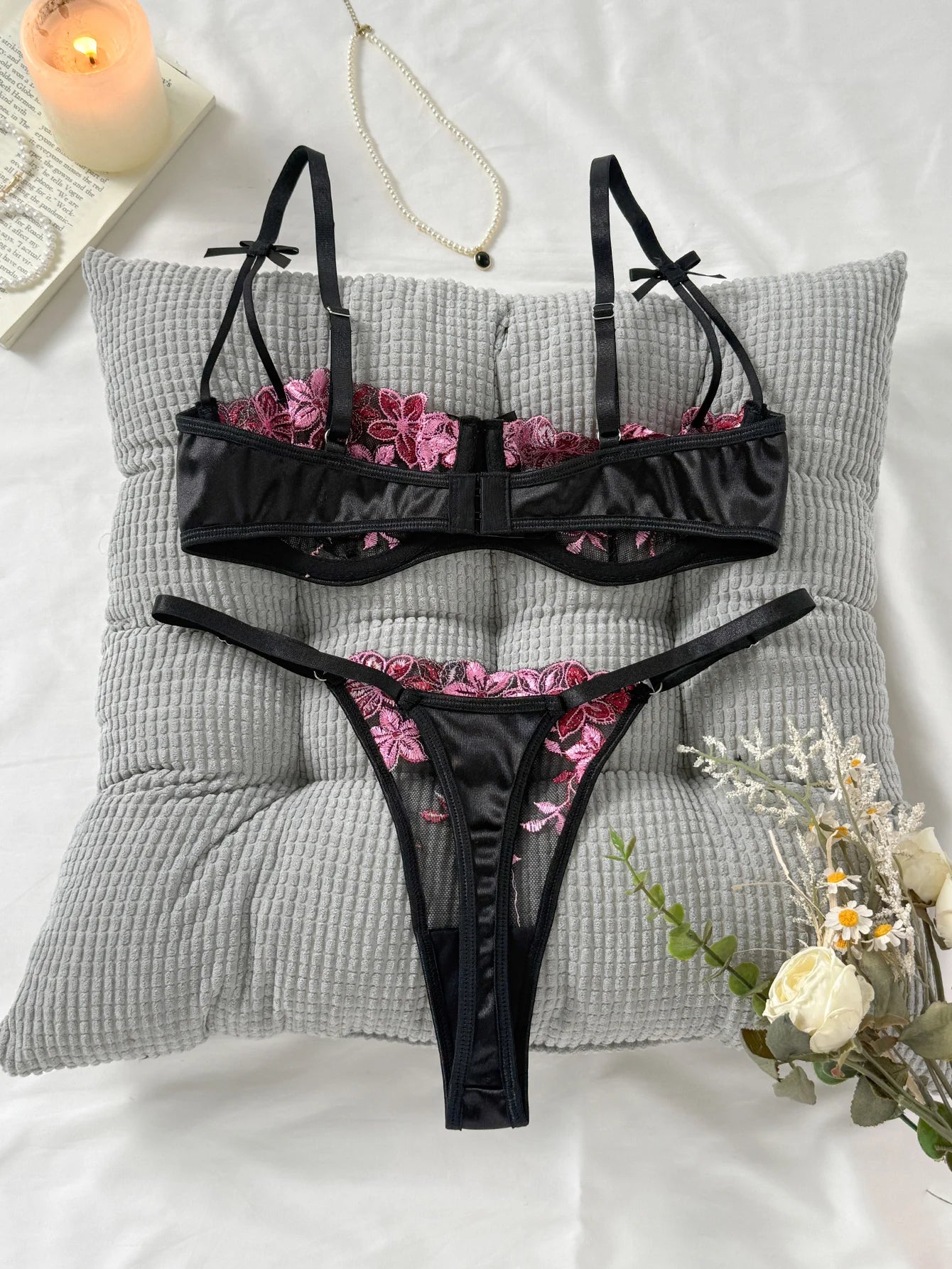 Noir Bloom Bra & Brief Set — Embroidered Lace Lingerie