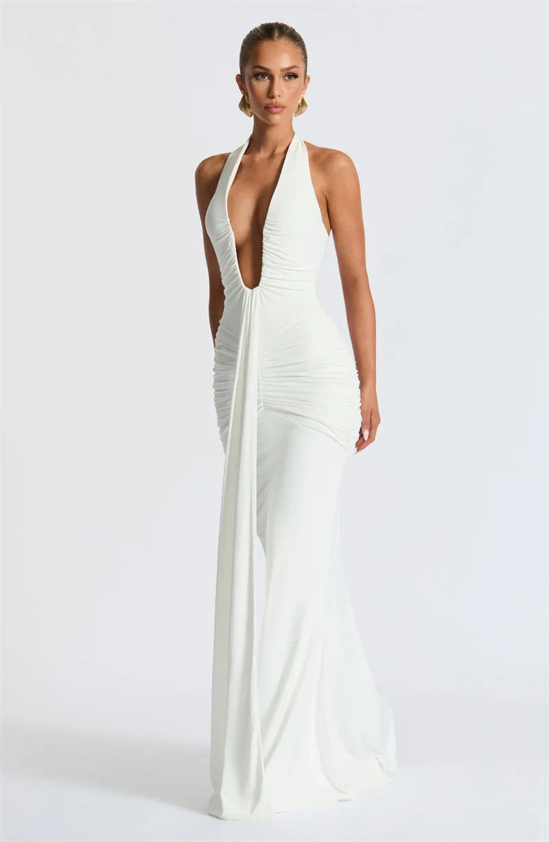 Draped Ruched Halter Maxi Dress — Deep V Backless