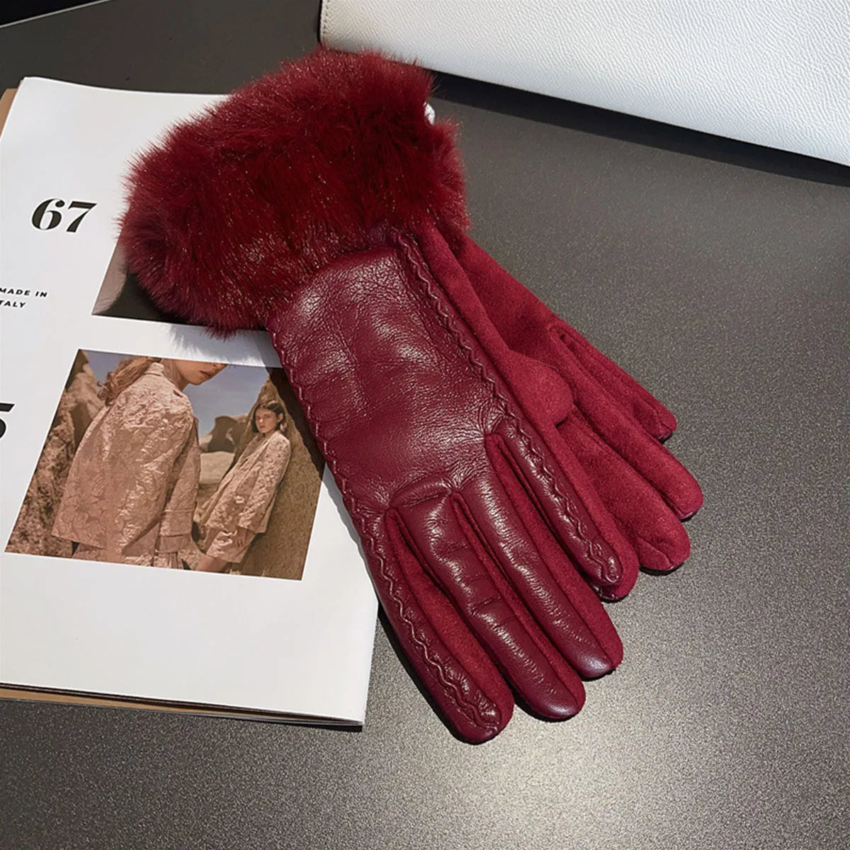 Velour Leather Gloves — Faux Fur Cuff Thermal Lining