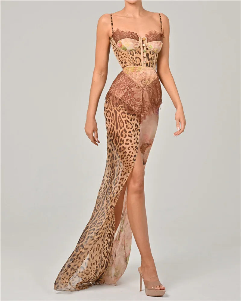 Leopard Lace Backless Maxi Dress