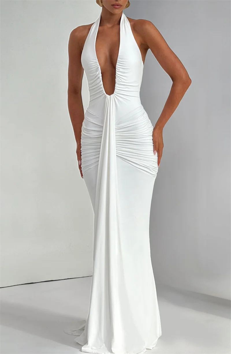 Draped Ruched Halter Maxi Dress — Deep V Backless