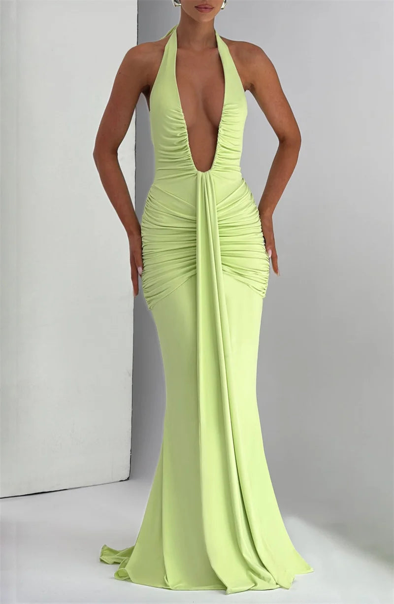 Draped Ruched Halter Maxi Dress — Deep V Backless