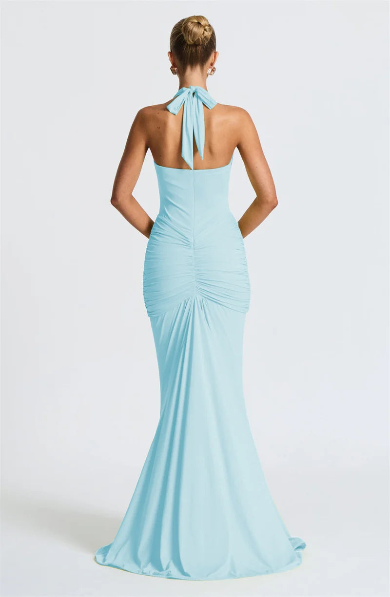 Draped Ruched Halter Maxi Dress — Deep V Backless