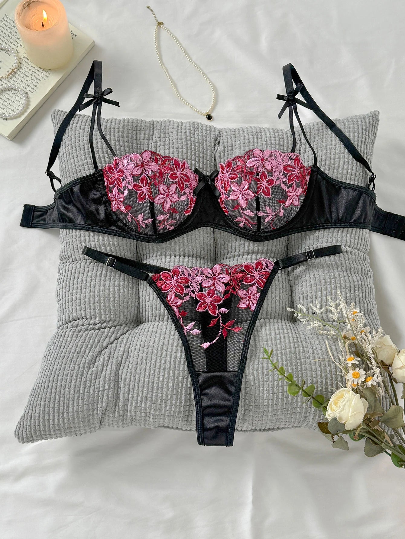 Noir Bloom Bra & Brief Set — Embroidered Lace Lingerie