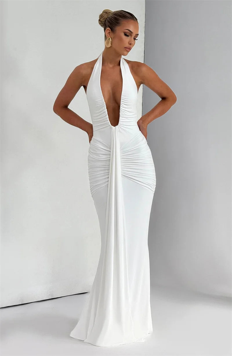 Draped Ruched Halter Maxi Dress — Deep V Backless