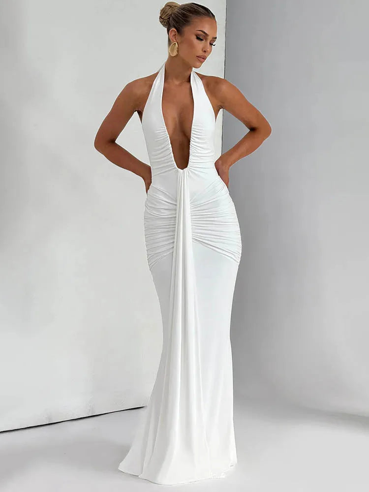 Draped Ruched Halter Maxi Dress — Deep V Backless