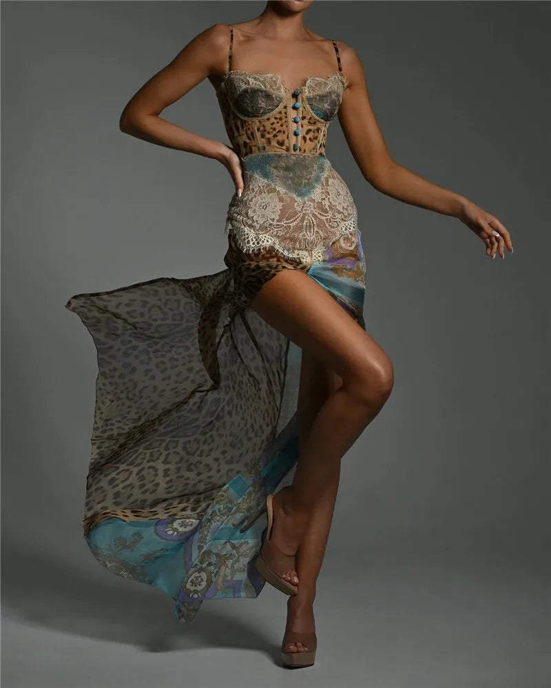 Leopard Lace Backless Maxi Dress