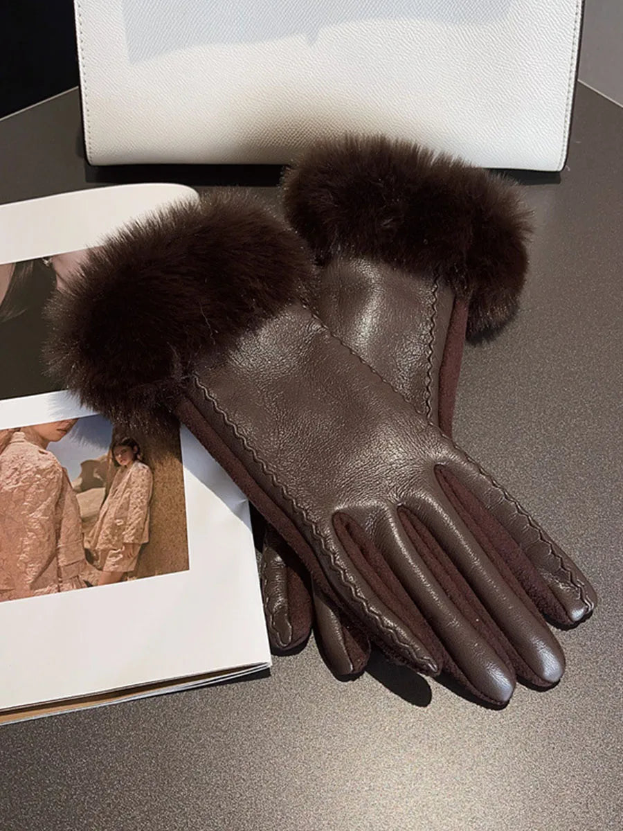 Velour Leather Gloves — Faux Fur Cuff Thermal Lining