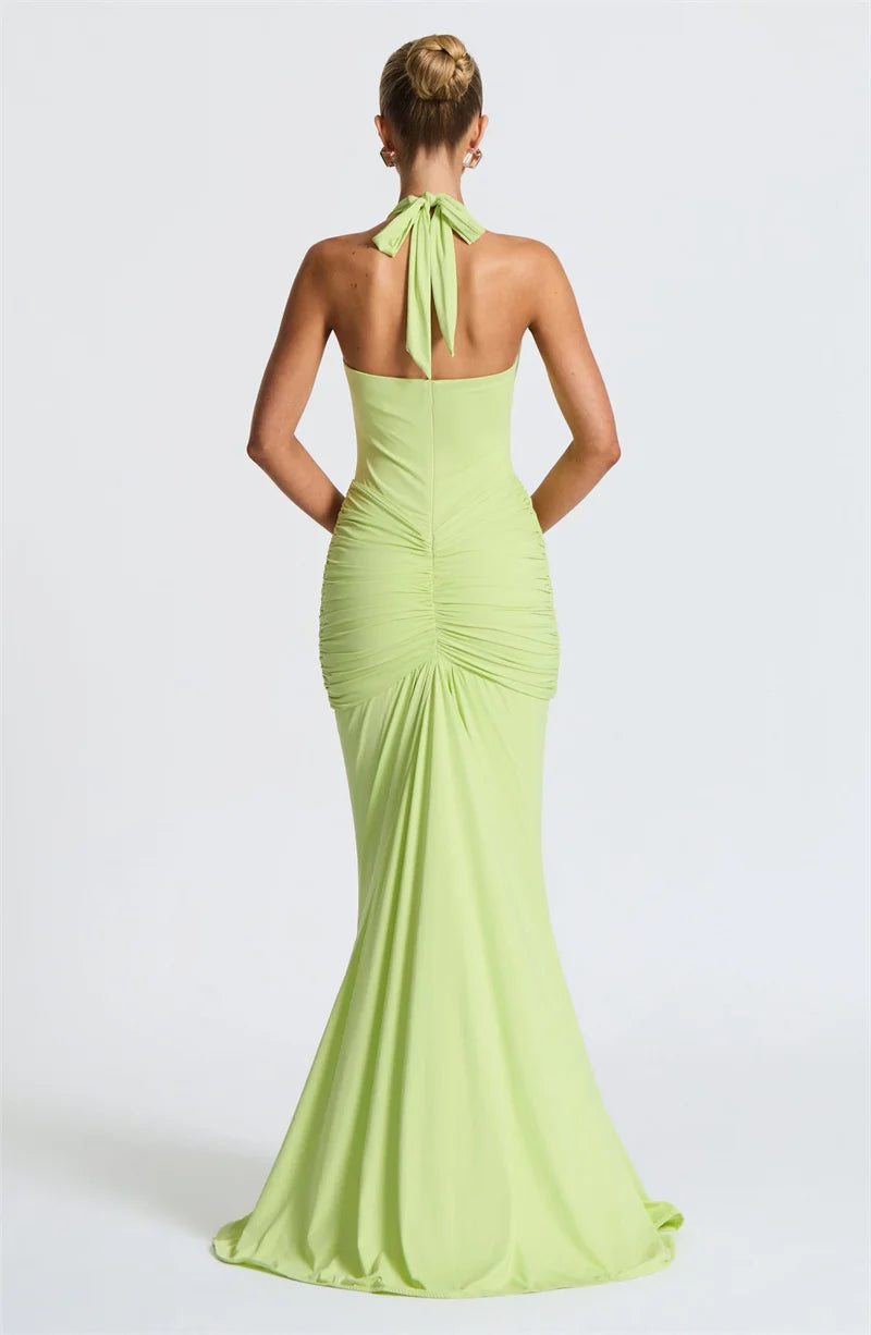 Draped Ruched Halter Maxi Dress — Deep V Backless