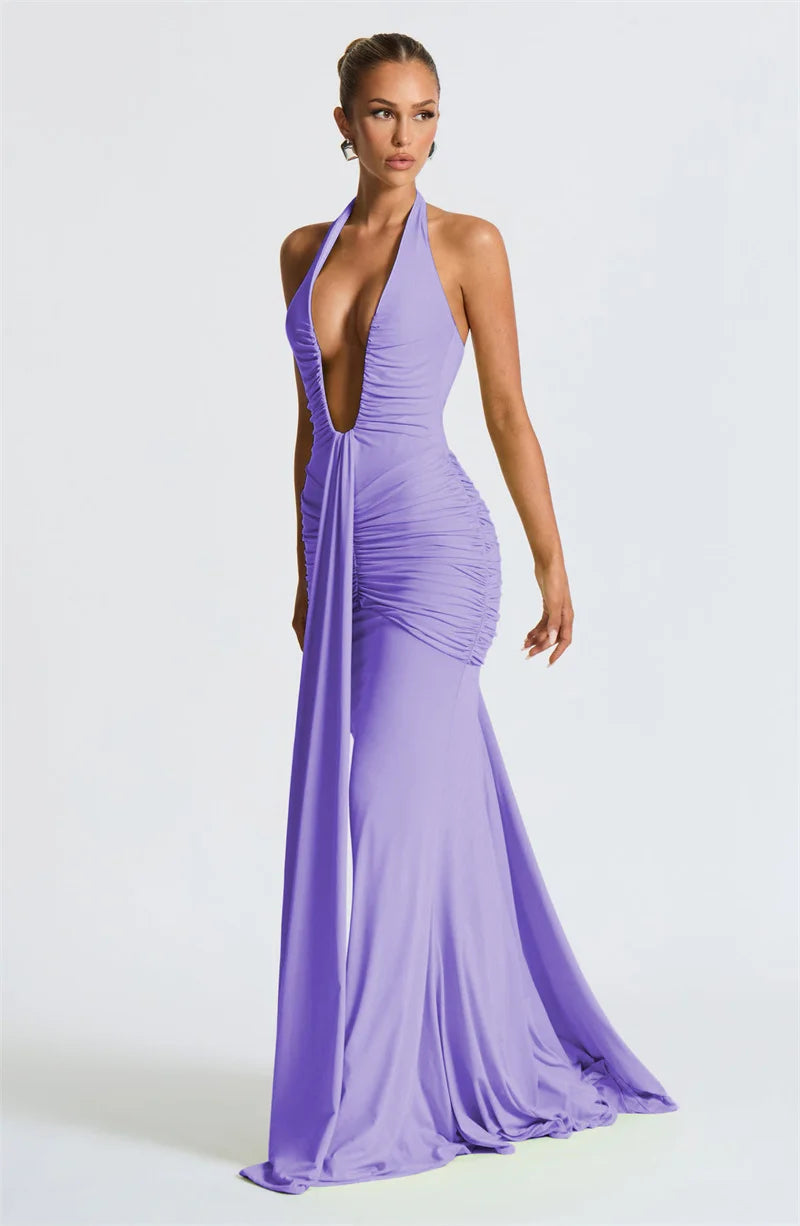 Draped Ruched Halter Maxi Dress — Deep V Backless