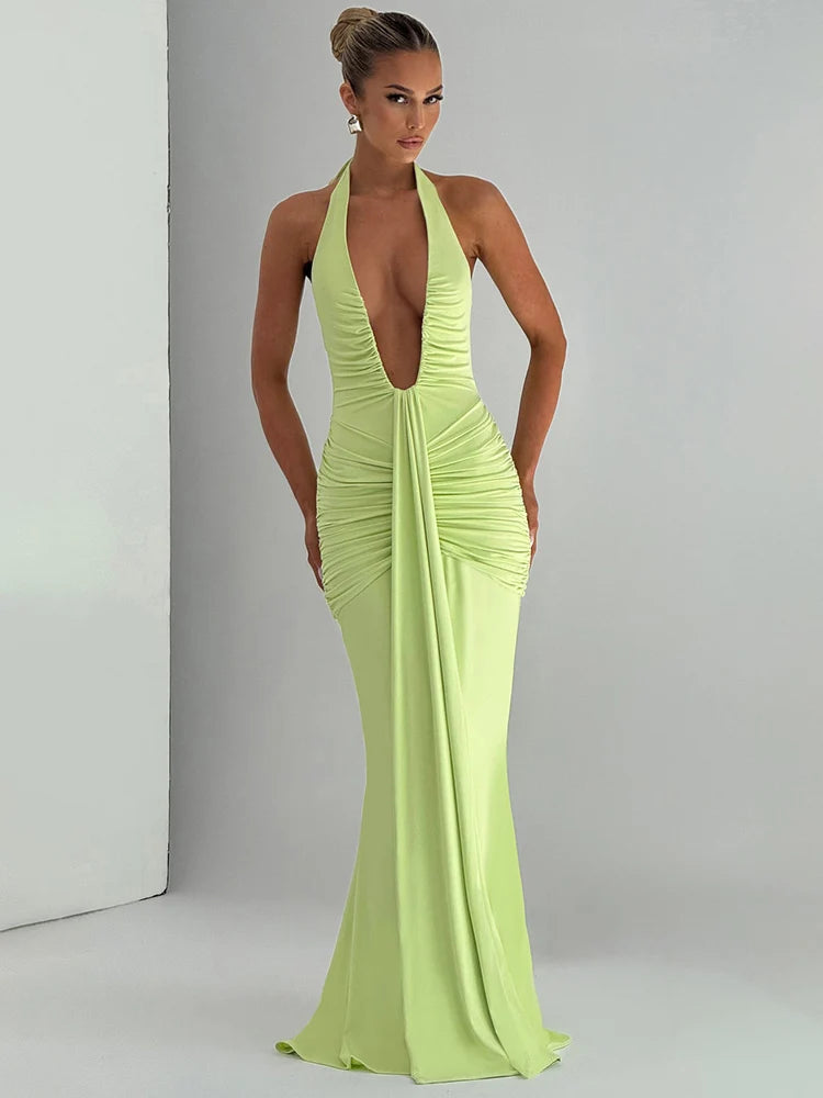 Draped Ruched Halter Maxi Dress — Deep V Backless