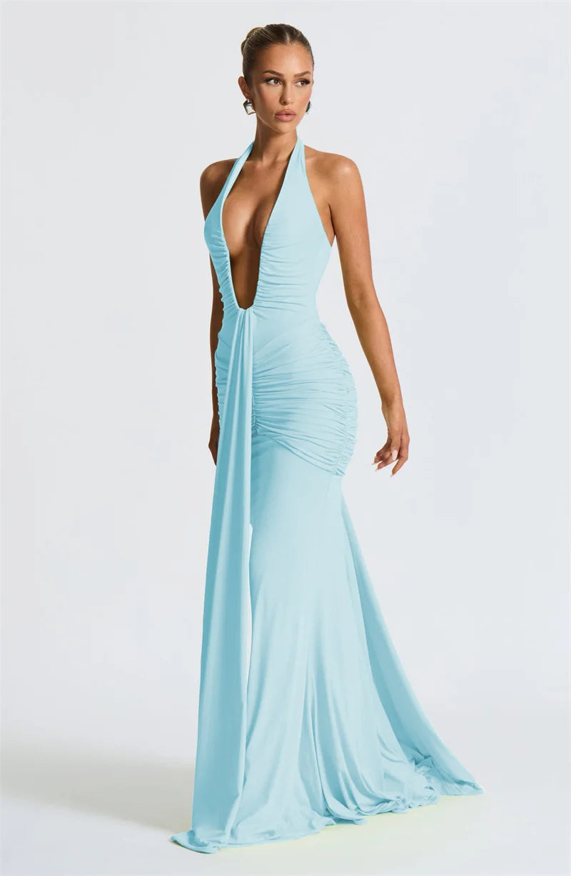 Draped Ruched Halter Maxi Dress — Deep V Backless
