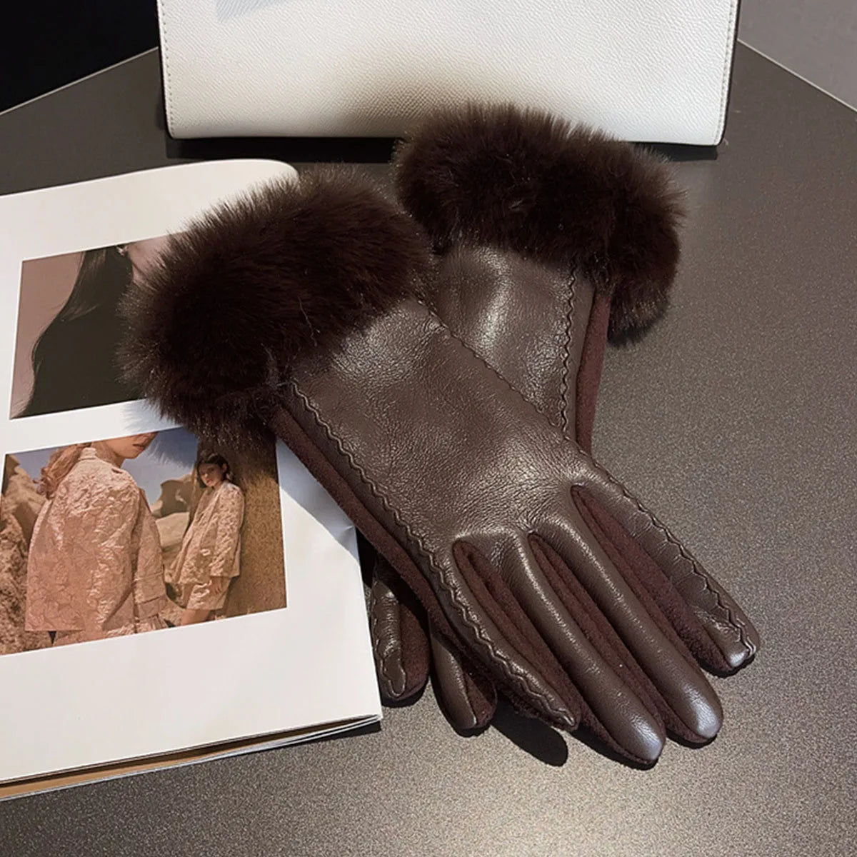 Velour Leather Gloves — Faux Fur Cuff Thermal Lining
