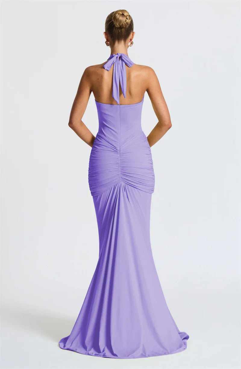 Draped Ruched Halter Maxi Dress — Deep V Backless
