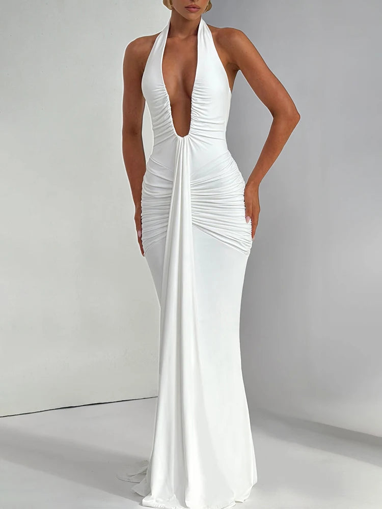 Draped Ruched Halter Maxi Dress — Deep V Backless