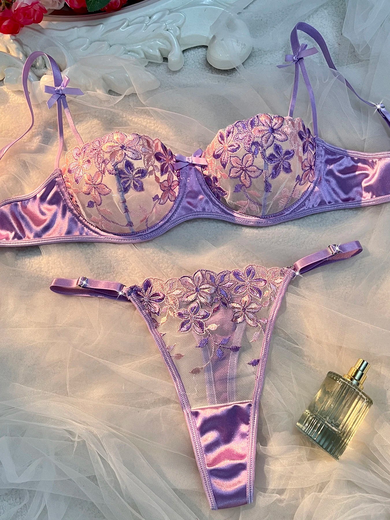 Noir Bloom Bra & Brief Set — Embroidered Lace Lingerie