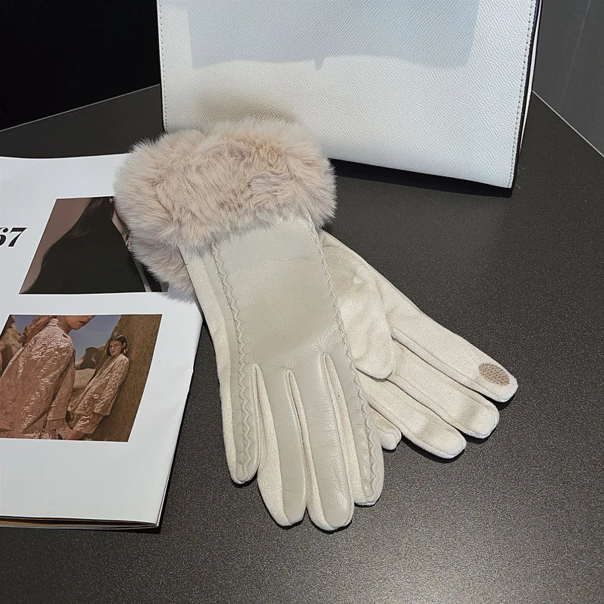Velour Leather Gloves — Faux Fur Cuff Thermal Lining