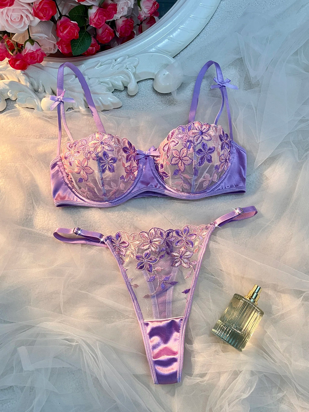 Noir Bloom Bra & Brief Set — Embroidered Lace Lingerie