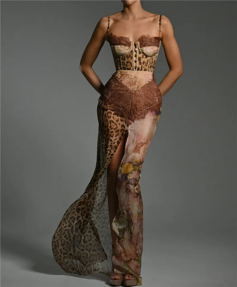 Leopard Lace Backless Maxi Dress