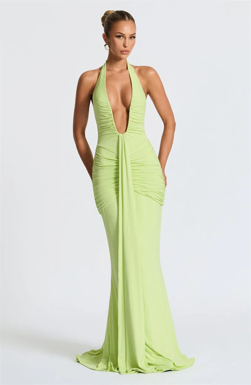 Draped Ruched Halter Maxi Dress — Deep V Backless